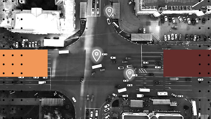 Overhead view of busy city intersection