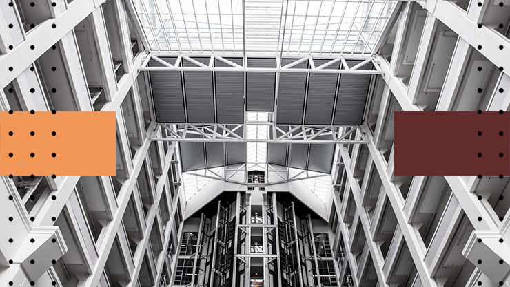 A low angle view of a building interior
